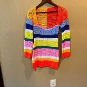 70’s Retro Crocheted Mini Dress/Tunic,Small, Bright Multicolor Disco Hippie